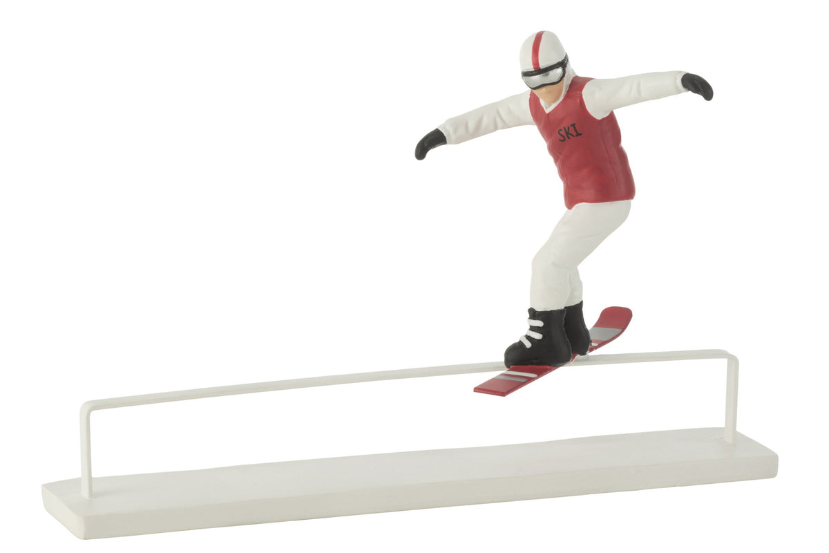Snowboarder op schans – polyresin, rood en wit, 20,5 cm