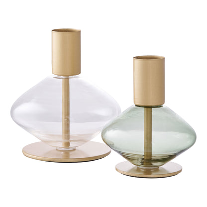 Candle Holder - Candle Holder, glass/metal, clear/green set of 2