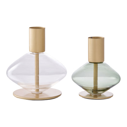 Candle Holder - Candle Holder, glass/metal, clear/green set of 2