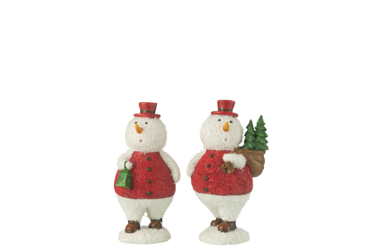 Sneeuwpop met boom en lantaarn middel – set van 2, polyresin, meerkleurig, 18 cm