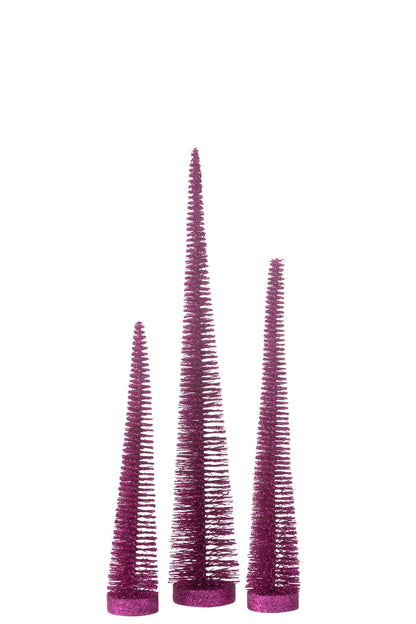 Glitterkerstboompjes doos van 3 – kunststof, glitter, ijzer, mdf, fuchsia, Ø10 x 41 cm