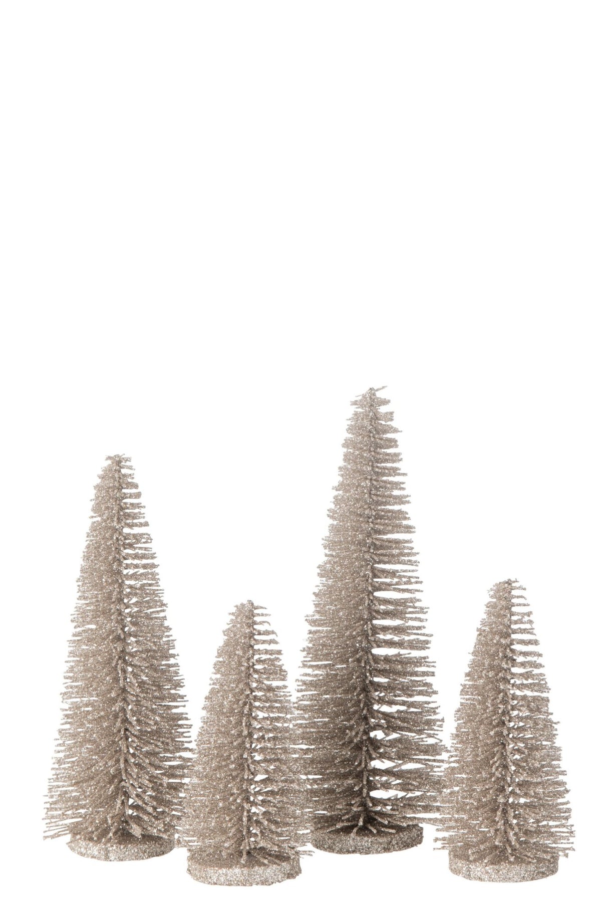 Glitterkerstboompjes doos van 4 – kunststof, glitter, ijzer, mdf, greige, Ø10 x 15 cm
