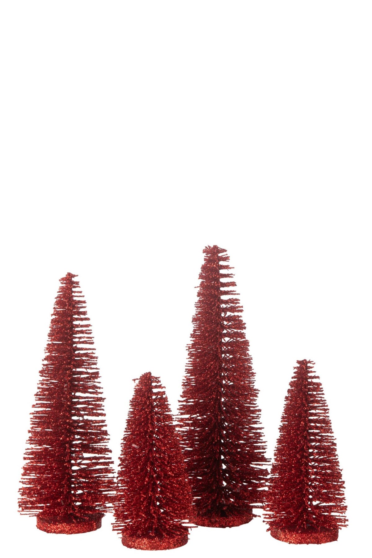 Glitterkerstboompjes doos van 4 – kunststof, glitter, ijzer, mdf, rood, Ø10 x 15 cm