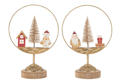 Cirkel op voet met LED kerstman en sneeuwpop – set van 2, ijzer, goud en roest, 45 cm
