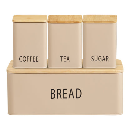 Tula Brotkasten - Brotkasten mit 3 Dosen, Metall/Bambus, beige, 4er Set