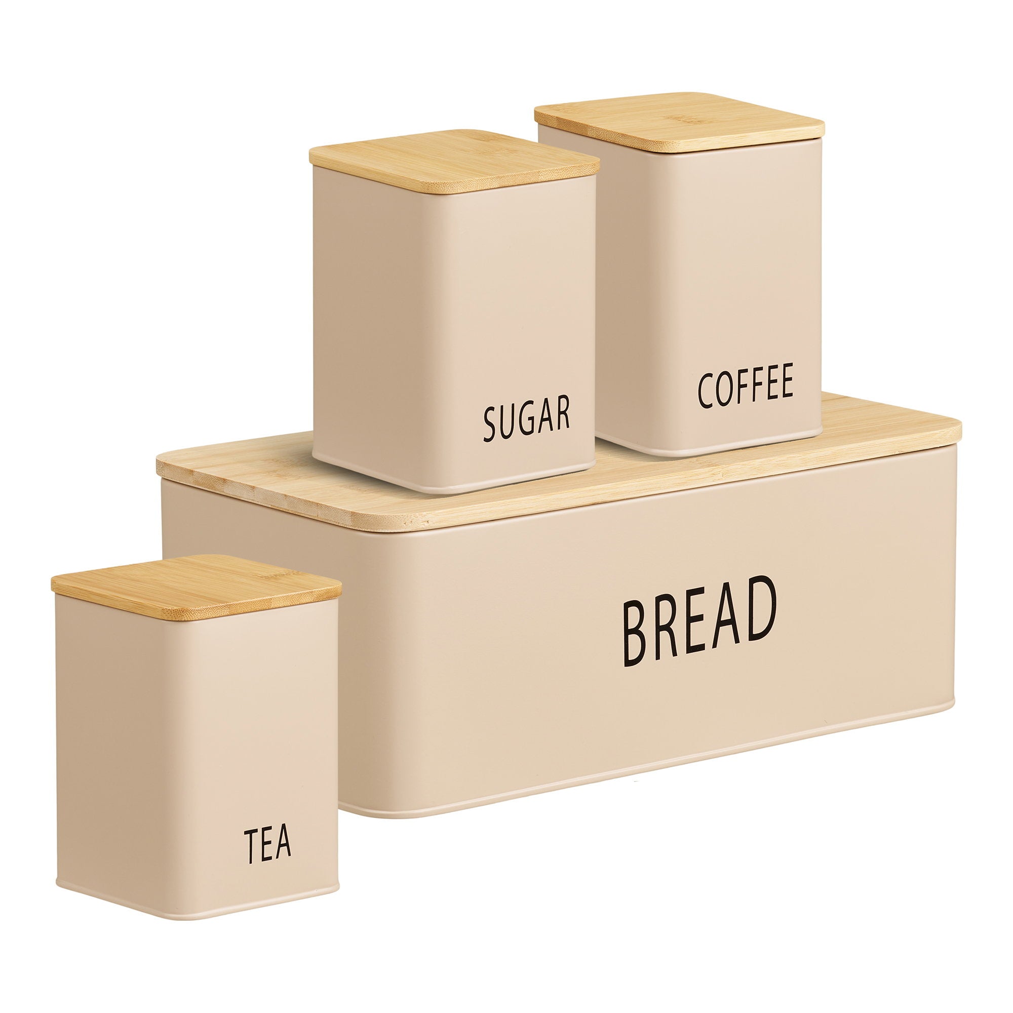 Tula Brotkasten - Brotkasten mit 3 Dosen, Metall/Bambus, beige, 4er Set