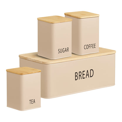 Tula Brotkasten - Brotkasten mit 3 Dosen, Metall/Bambus, beige, 4er Set