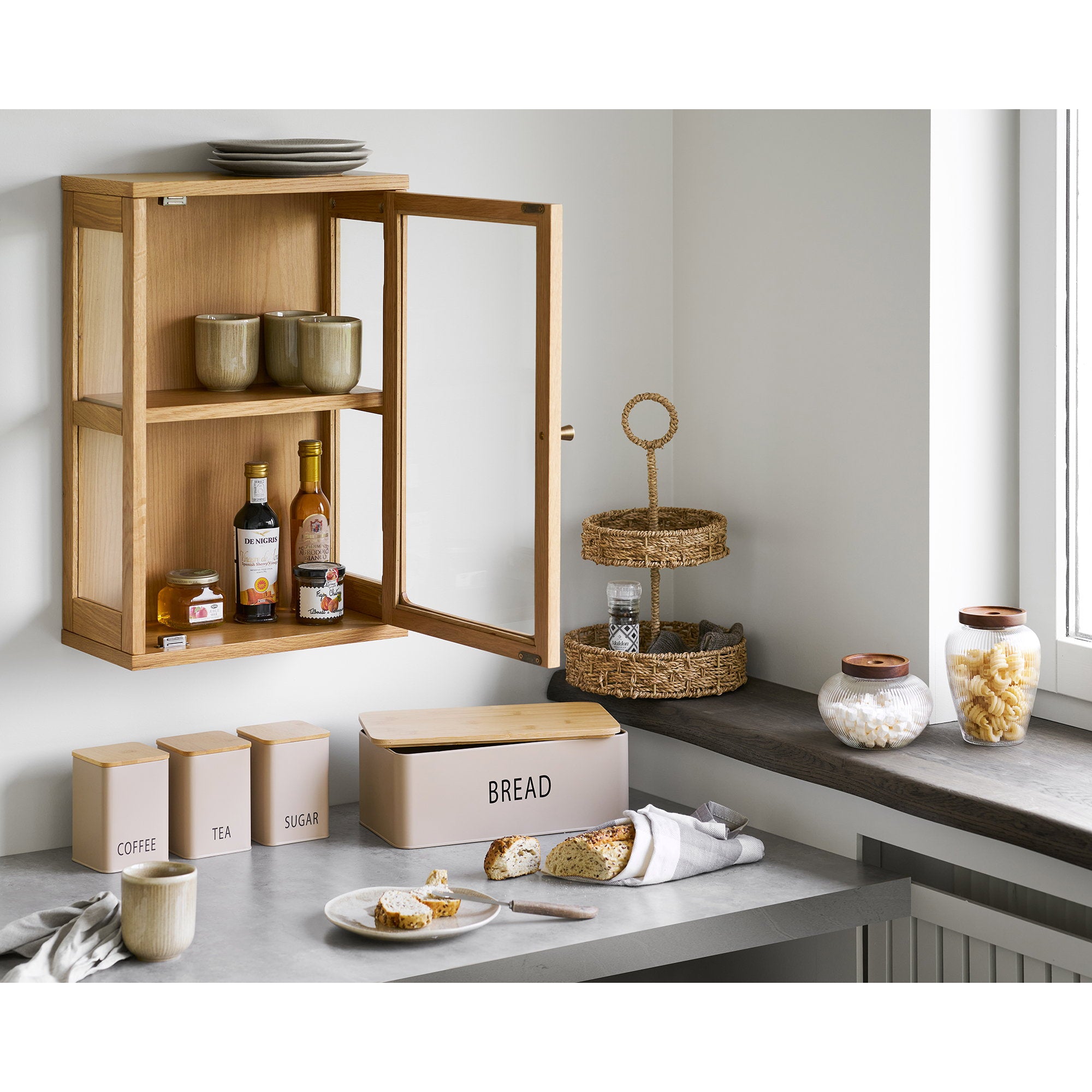 Tula Brotkasten - Brotkasten mit 3 Dosen, Metall/Bambus, beige, 4er Set