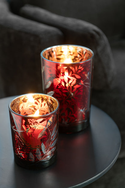 Tealicht Holder Leaves Glass Red/Antique Gold Small