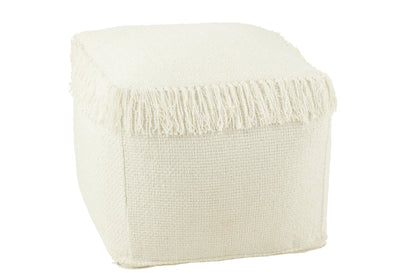 Pouf Square Woven+Fringes Viscose White