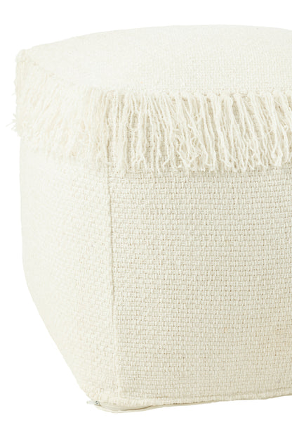 Pouf Square Woven+Fringes Viscose White