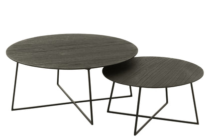 Set Of 2 Side Tables Round Teak Wood/Metal Black