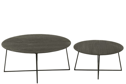 Set mit 2 runden Beistelltischen aus Teakholz/Metall, schwarz