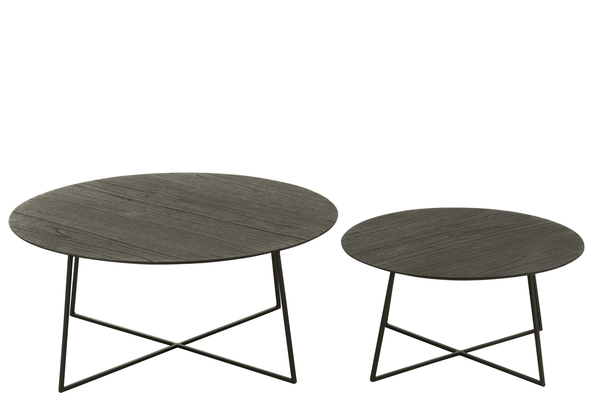 Set mit 2 runden Beistelltischen aus Teakholz/Metall, schwarz