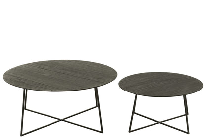 Set mit 2 runden Beistelltischen aus Teakholz/Metall, schwarz