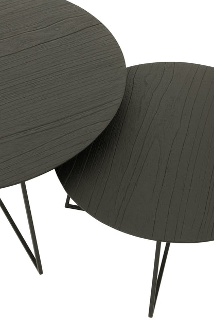 Set mit 2 runden Beistelltischen aus Teakholz/Metall, schwarz