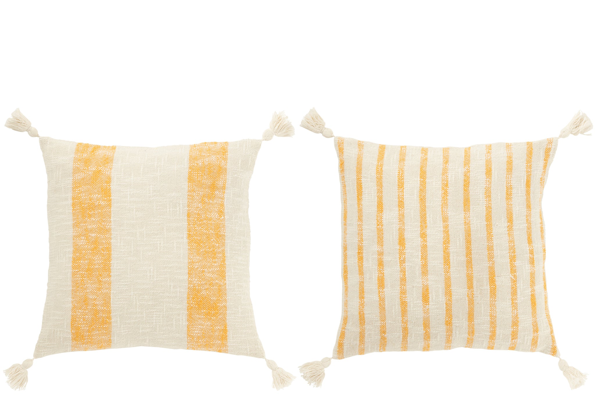 Kissen, quadratisch, gestreift mit Quasten, Baumwolle, weiß/orange, 2er-Set