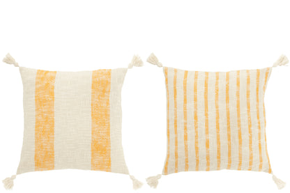 Kissen, quadratisch, gestreift mit Quasten, Baumwolle, weiß/orange, 2er-Set
