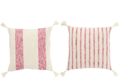 Cushion Square Stripes+Tassels Cotton White/Pink Assortment Of 2