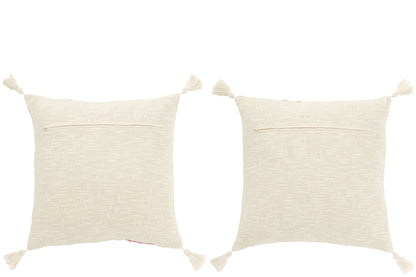 Cushion Square Stripes+Tassels Cotton White/Pink Assortment Of 2