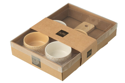 Tapas-Service, 4 Sets + Holztablett, Fensterbox, Creme/Weiß