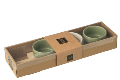 Tapasservice Windowbox – grün/weiß, 3 Sets + Holztablett