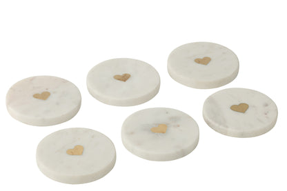 Set Of 6 Coaster Heart Marble White