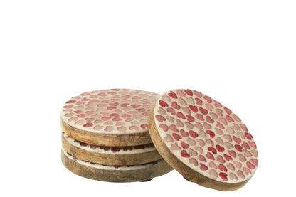Set Of 4 Coaster Heart Mosaic Mango Wood Pink
