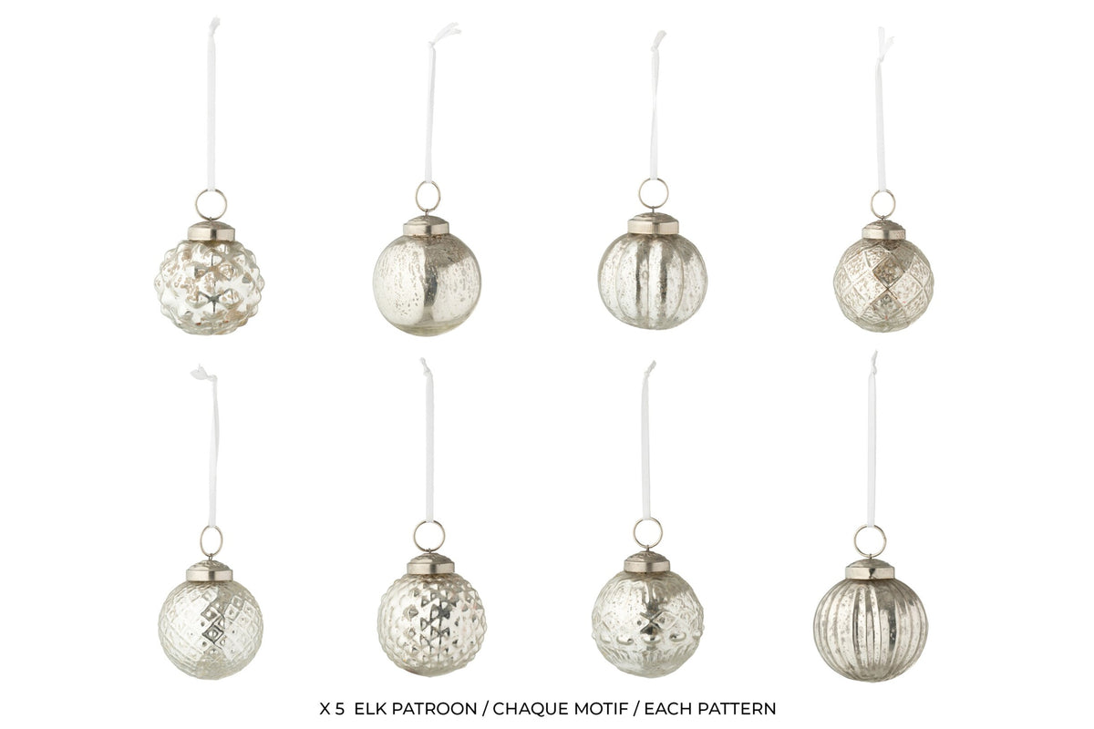 Kerstballen 8 patronen doos van 40 – glas, ijzer, lint, zilver, Ø6 cm
