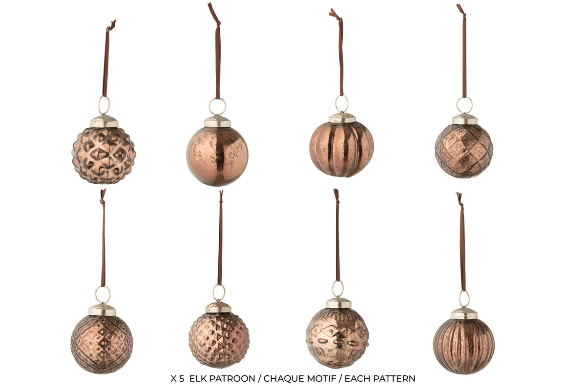 Kerstballen 8 patronen doos van 40 – glas, ijzer, lint, bruin, Ø6 cm