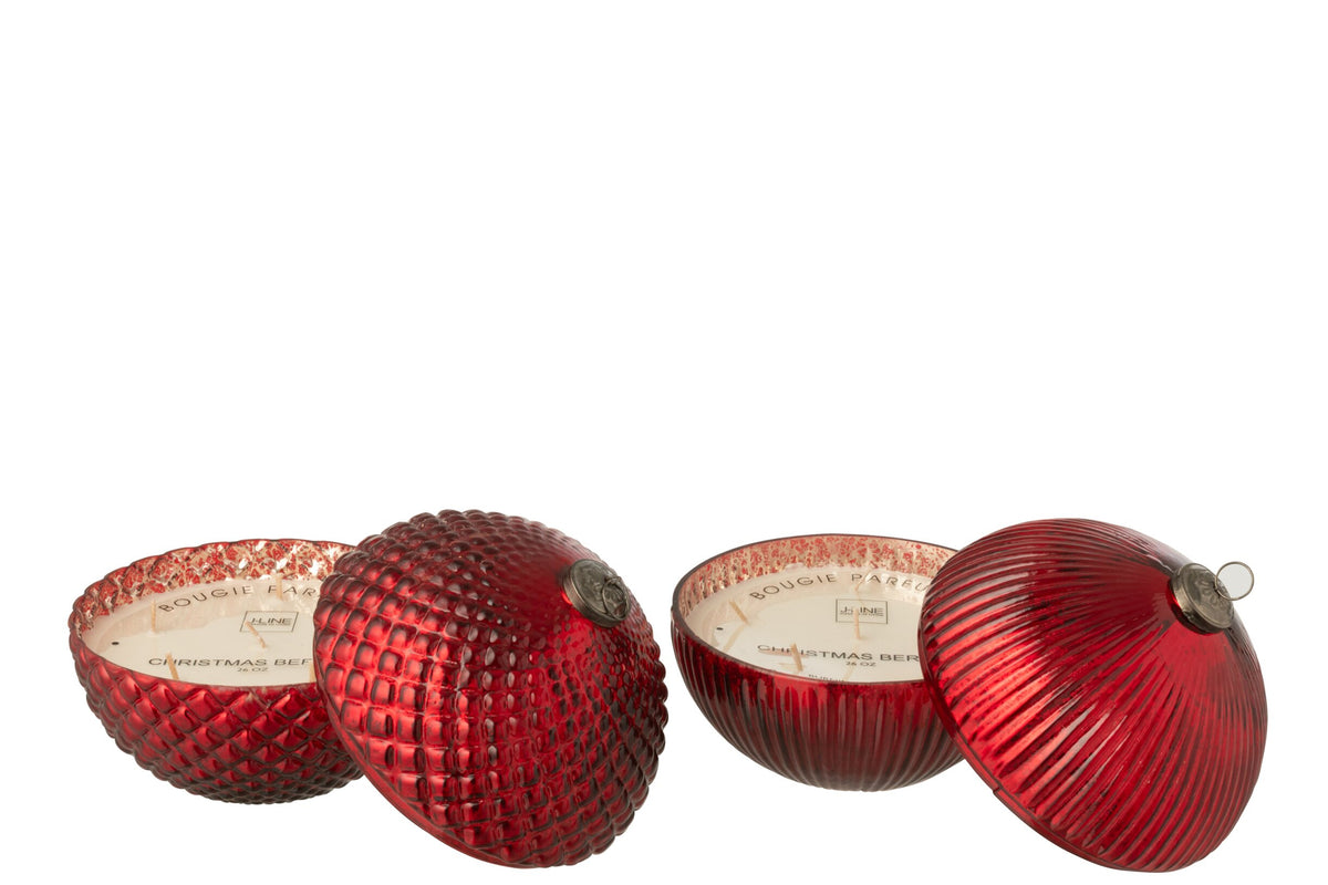 Geurkaars kerstbal groot – set van 2, glas, kerstrood, Ø17,5 x 18,5 cm