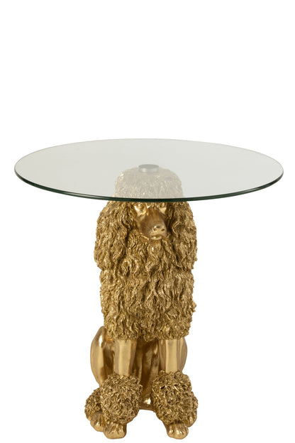 Bijzettafel Poodle Rond – polyresin/glas, goud, ø60×62 cm