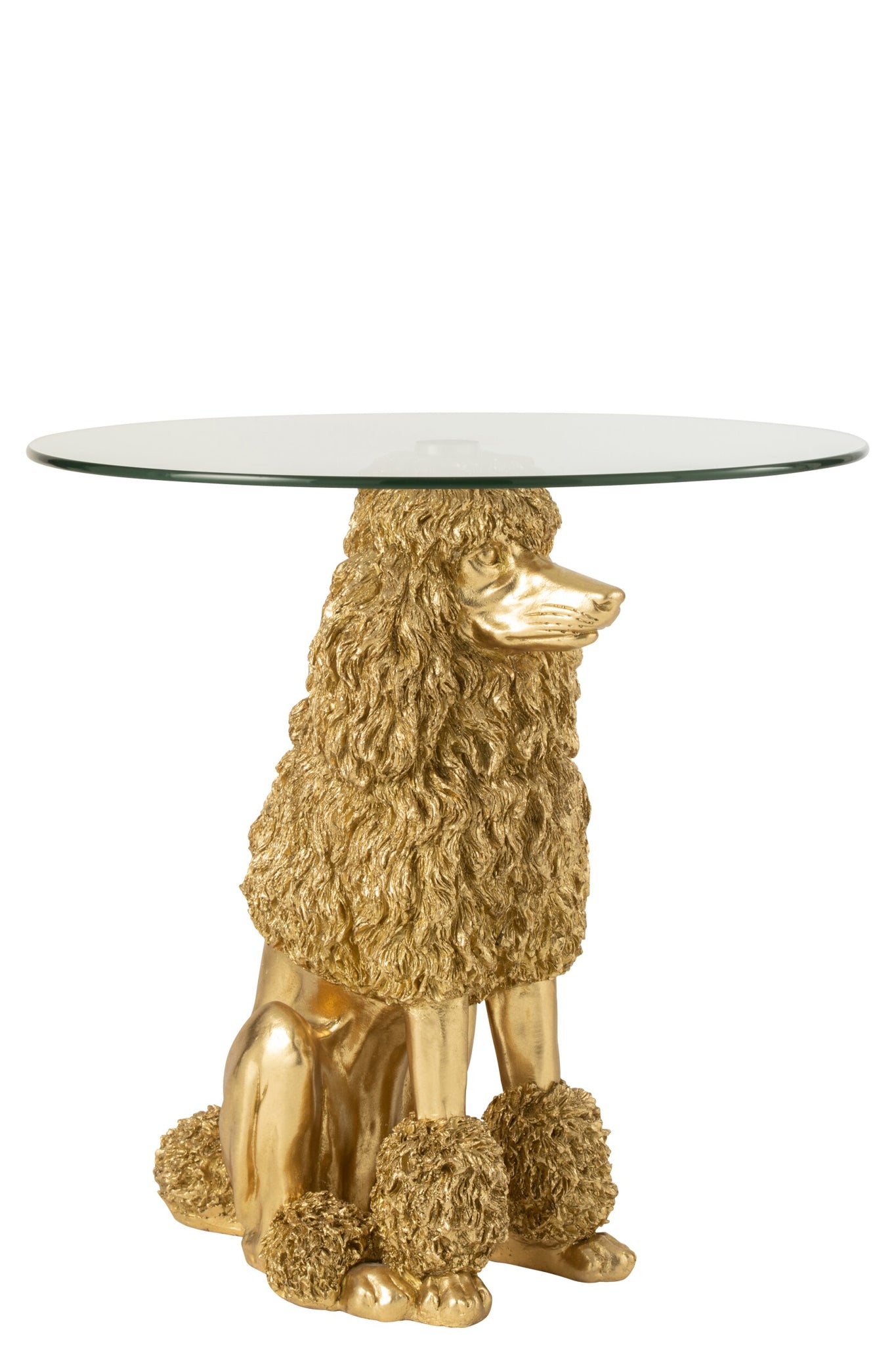 Bijzettafel Poodle Rond – polyresin/glas, goud, ø60×62 cm