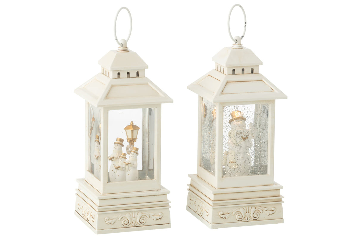 Waterbol lantaarn sneeuwpop – set van 2, kunststof, wit, 24,5 cm