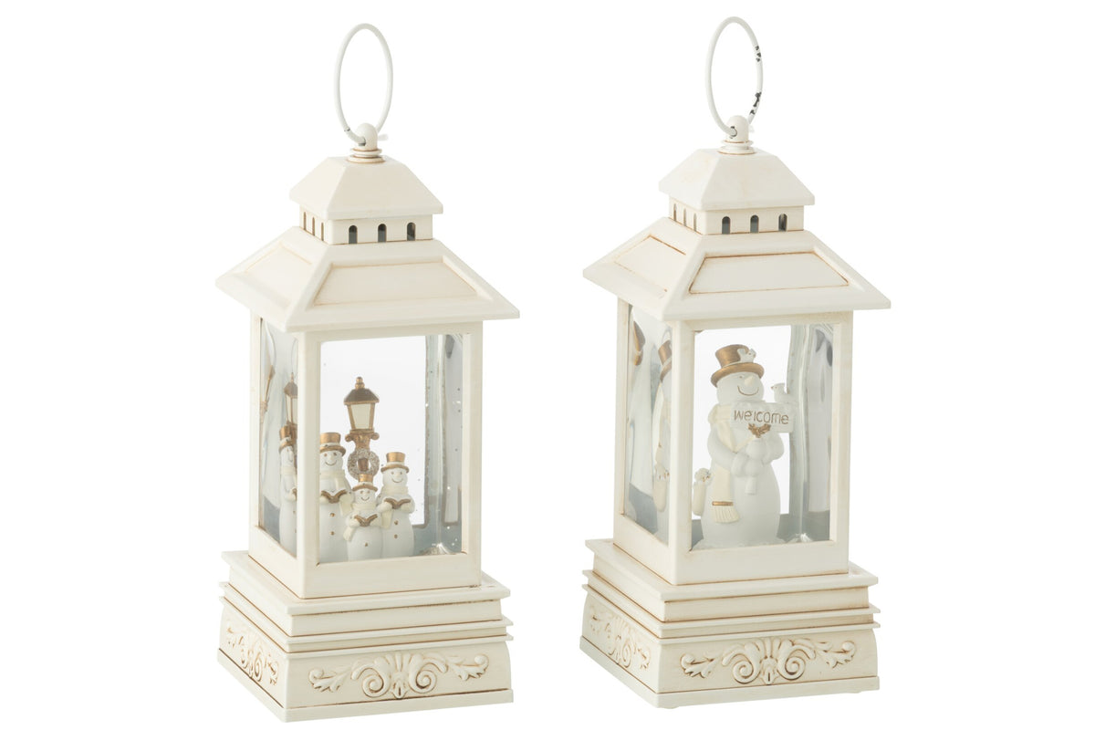Waterbol lantaarn sneeuwpop – set van 2, kunststof, wit, 24,5 cm