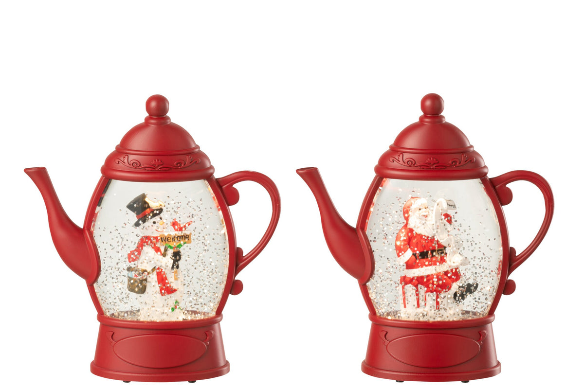Kersthanger theepot met waterbol – set van 2, kunststof, kerstrood, 15 x 5 x 16 cm