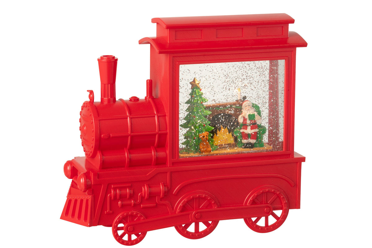 Waterbol locomotief – kunststof, kerstrood, 19×8,5×26 cm