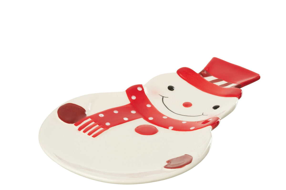Bord sneeuwpop – dolomiet, kerstrood en wit, 18 x 27 x 2,5 cm