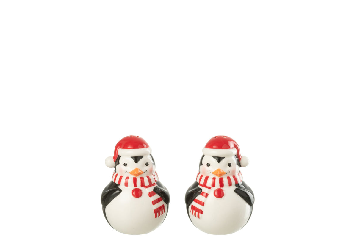 Peper- en zoutstel pinguïn – dolomiet, kerstrood en wit, 6,5 x 6 x 9 cm