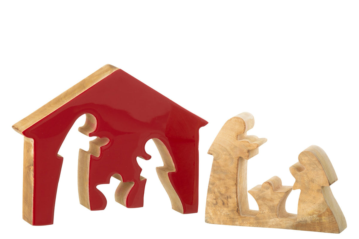 Kerststal in huis groot – mangohout, kerstrood en naturel, 17,5×4×22 cm