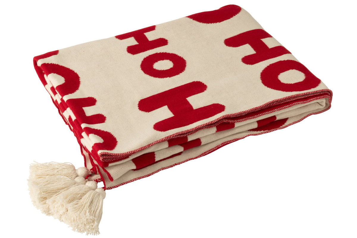 Plaid Hohoho – polyester, kerstrood en wit, 130 x 170 cm