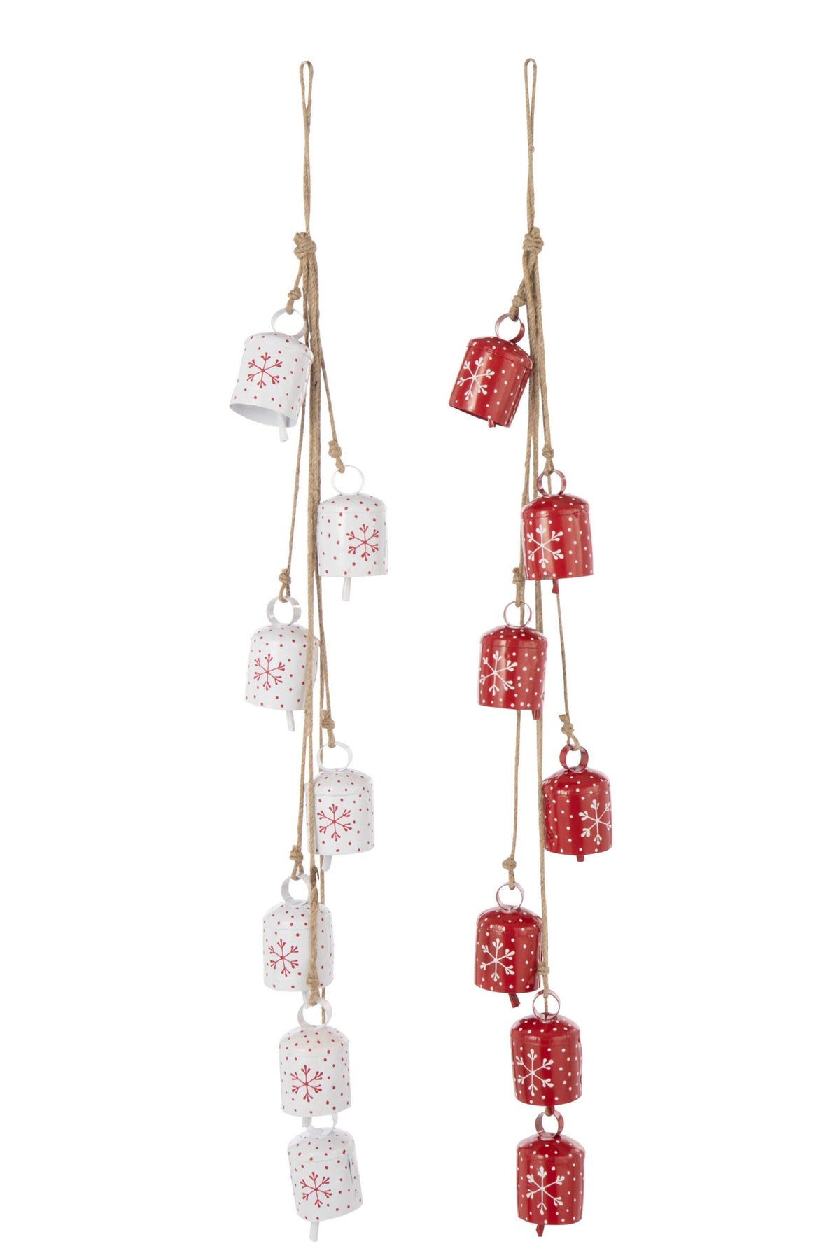 Kersthanger 7 belletjes sneeuwvlokken – set van 2, ijzer, wit en kerstrood, 45,5 cm