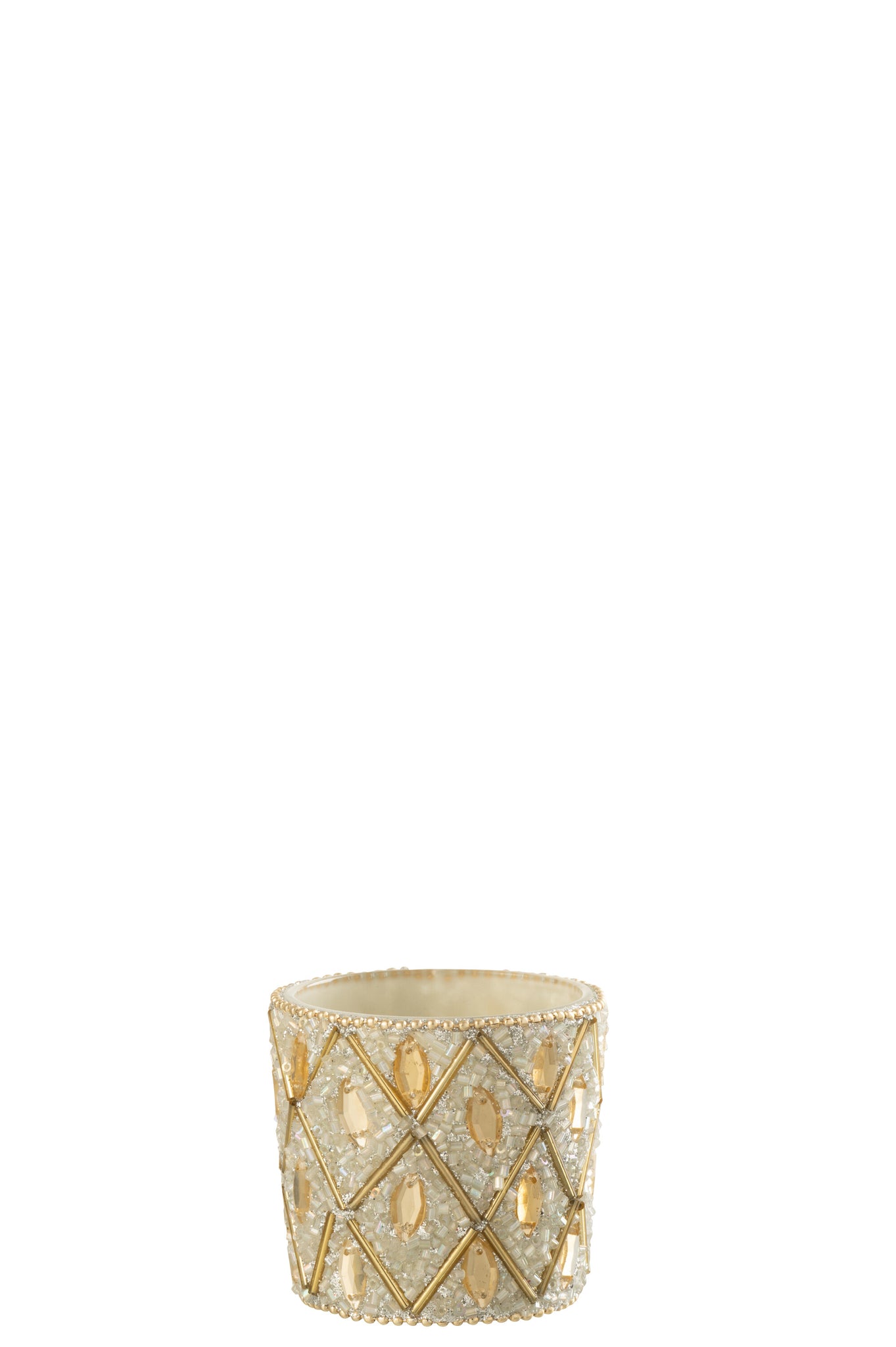 Tealight Holder Glass/Beads White/Gold Colored Small