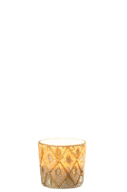 Tealight Holder Glass/Beads White/Gold Colored Small