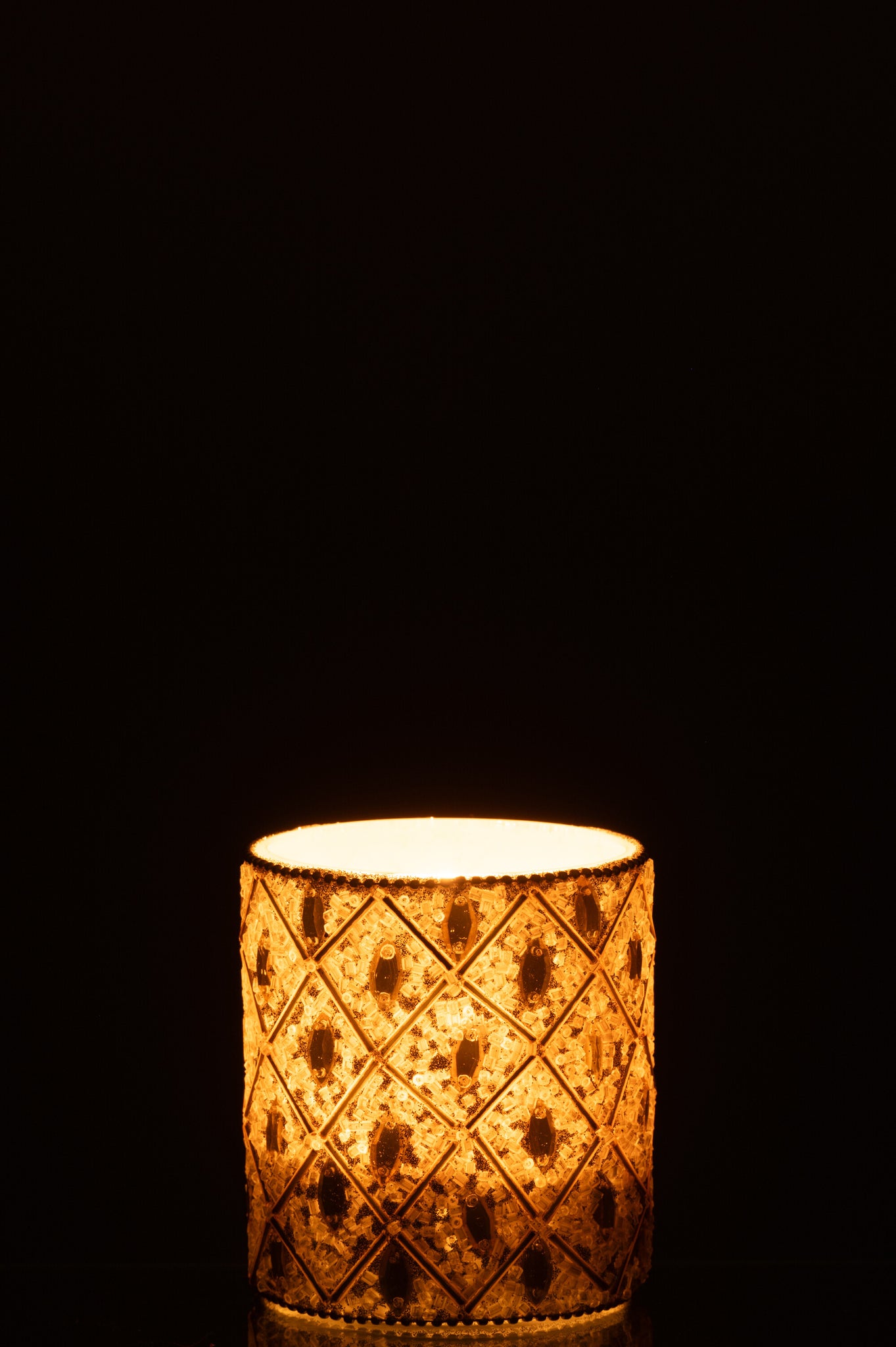 Tealight Holder Glass/Beads White/Gold Colored Large