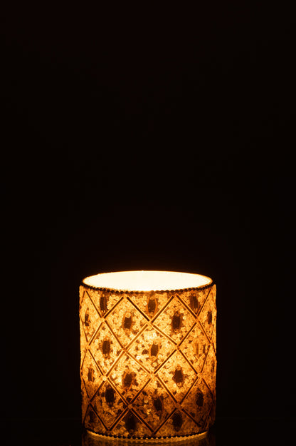 Tealight Holder Glass/Beads White/Gold Colored Large