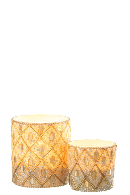 Tealight Holder Glass/Beads White/Gold Colored Large