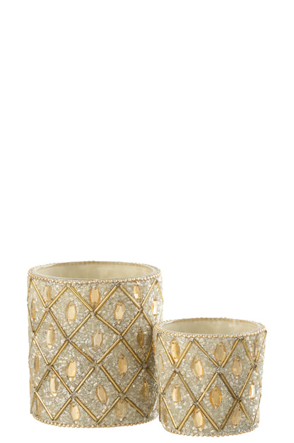 Tealight Holder Glass/Beads White/Gold Colored Large