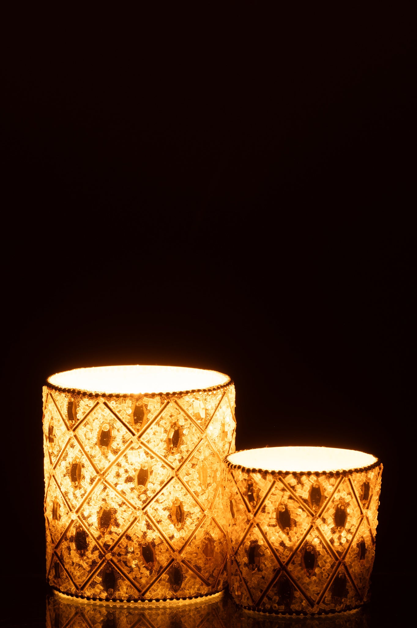 Tealight Holder Glass/Beads White/Gold Colored Large