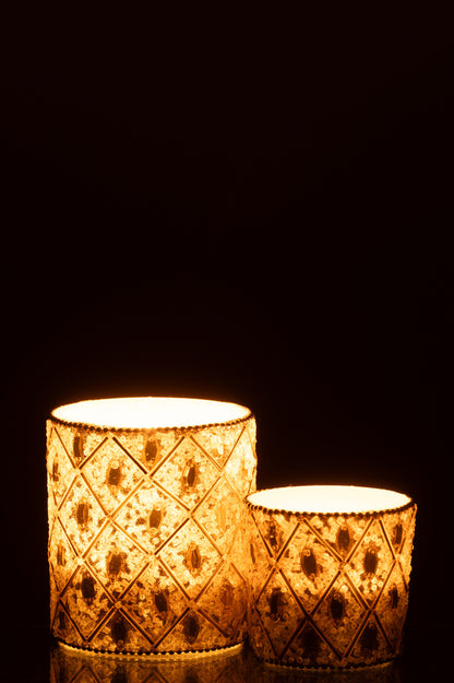 Tealight Holder Glass/Beads White/Gold Colored Large